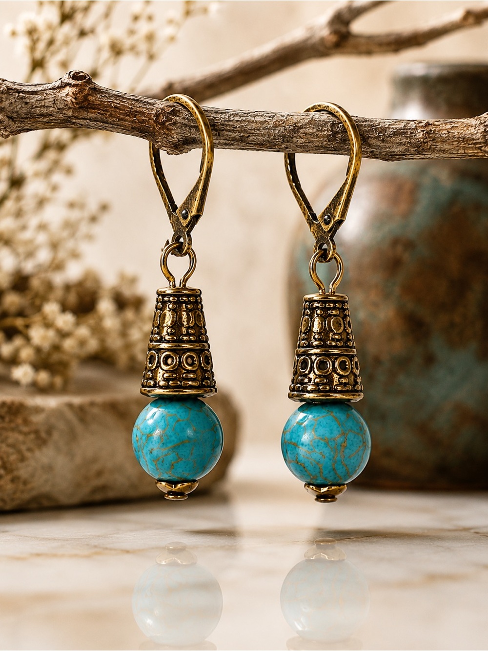 Turquoise Boho Dangle Earrings Southwestern Bronze Earthy Style